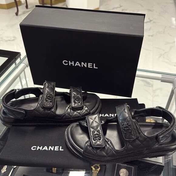 Authentic! BLACK Chanel Quilted Leather Dad Sandals box & dust covers SIZE 38C - Picture 7 of 10